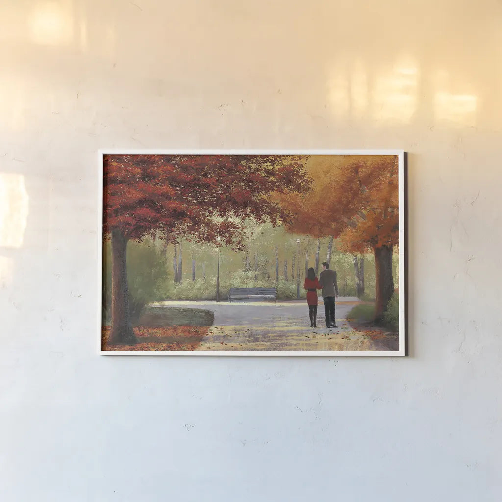 Autumn Stroll by James Wiens. shown as a paper print in a white frame. Available as a archival giclee rolled canvas, fine art paper, or poster print. SKU 33149i.