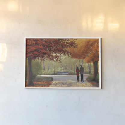 Autumn Stroll by James Wiens. shown as a paper print in a white frame. Available as a archival giclee rolled canvas, fine art paper, or poster print. SKU 33149i.