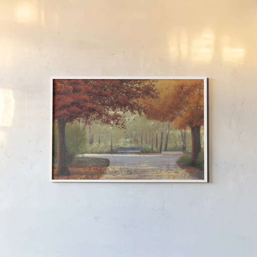 Autumn Stroll no People by James Wiens. shown as a paper print in a white frame. Available as a archival giclee rolled canvas, fine art paper, or poster print. SKU 12793i.