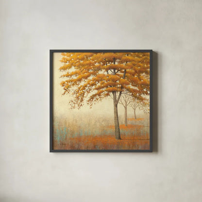 Autumn Trees I by James Wiens. Shown in a sleek black glass frame for a contemporary gallery look. Available as an archival giclee rolled canvas, fine art paper, or poster print. SKU 10328a.