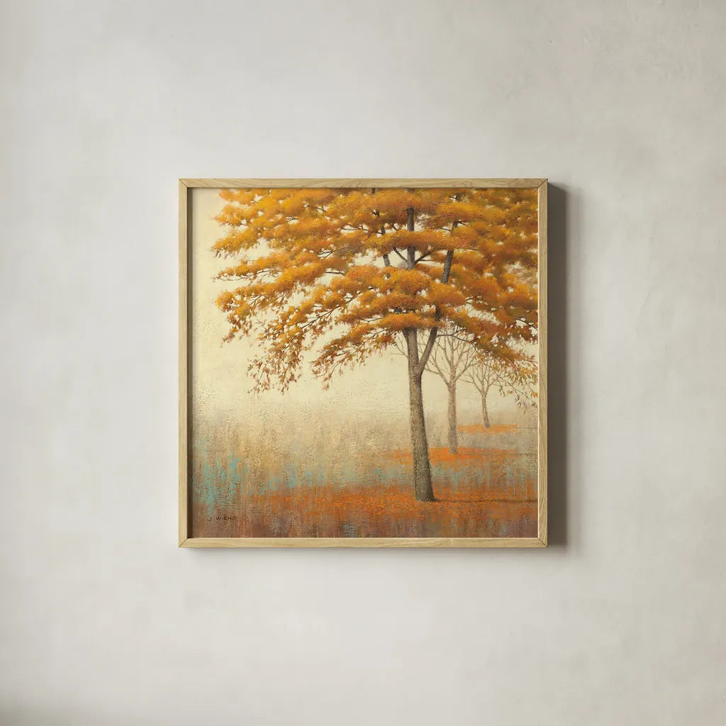 Autumn Trees I by James Wiens. Shown in a natural wood glass frame for a timeless modern aesthetic. Available as an archival giclee rolled canvas, fine art paper, or poster print. SKU 10328a.