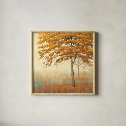 Autumn Trees I by James Wiens. Shown in a natural wood glass frame for a timeless modern aesthetic. Available as an archival giclee rolled canvas, fine art paper, or poster print. SKU 10328a.