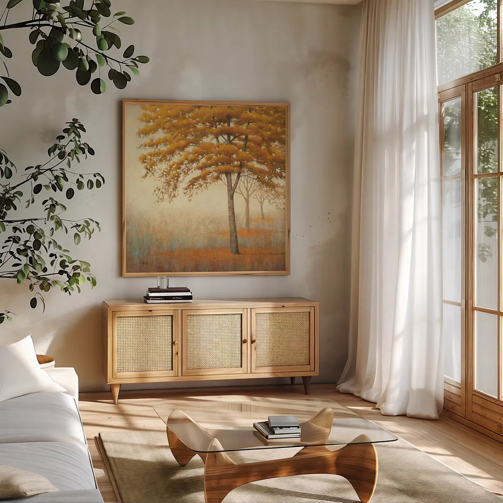 Autumn Trees I by James Wiens. Shown in a natural wood frame in a cozy modern living room. Available as an archival giclee rolled canvas, fine art paper, or poster print. SKU 10328a.
