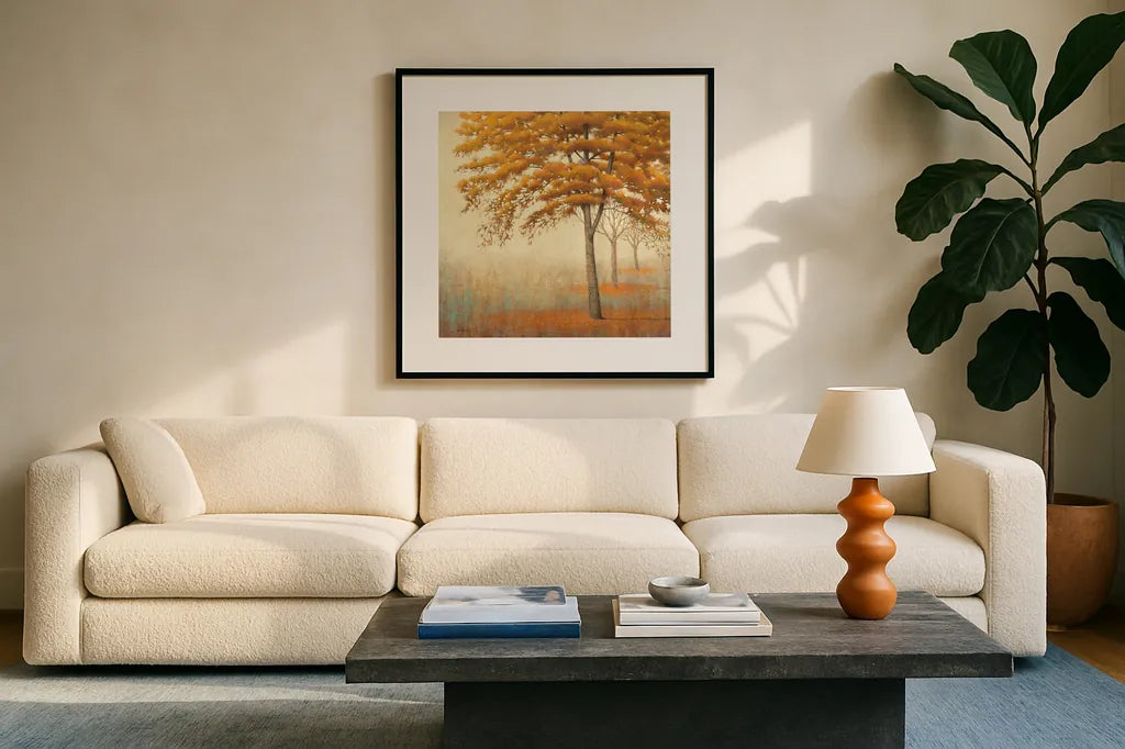 Autumn Trees I by James Wiens. Displayed in a glass frame with matte in a clean modern living room. Available as an archival giclee rolled canvas, fine art paper, or poster print. SKU 10328a.