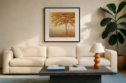 Autumn Trees I by James Wiens. Displayed in a glass frame with matte in a clean modern living room. Available as an archival giclee rolled canvas, fine art paper, or poster print. SKU 10328a.