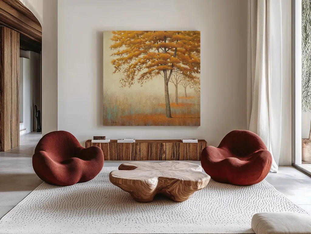 Autumn Trees I by James Wiens. Shown as extra-large giant wall art in a modern living room. Available as an archival giclee rolled canvas, fine art paper, or poster print. SKU 10328a.