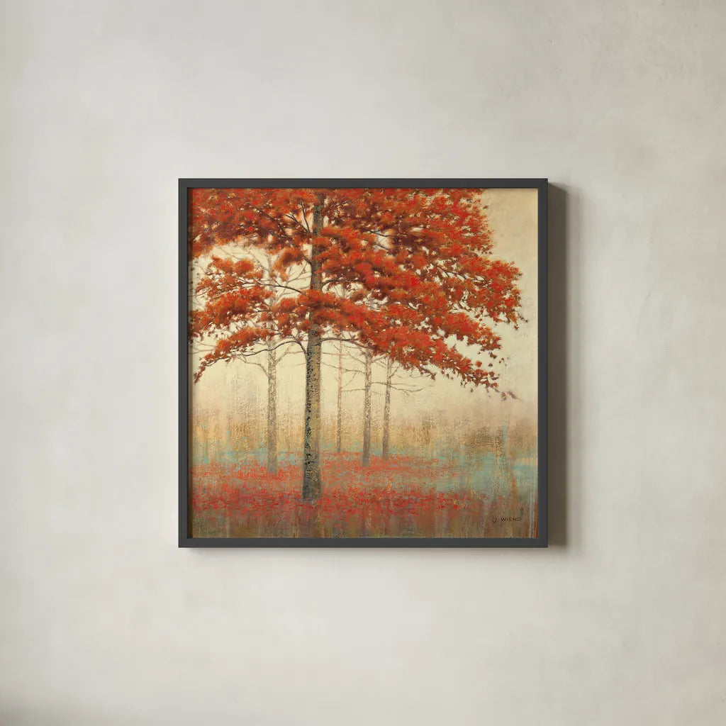 Autumn Trees II by James Wiens. Shown in a sleek black glass frame for a contemporary gallery look. Available as an archival giclee rolled canvas, fine art paper, or poster print. SKU 10329a.