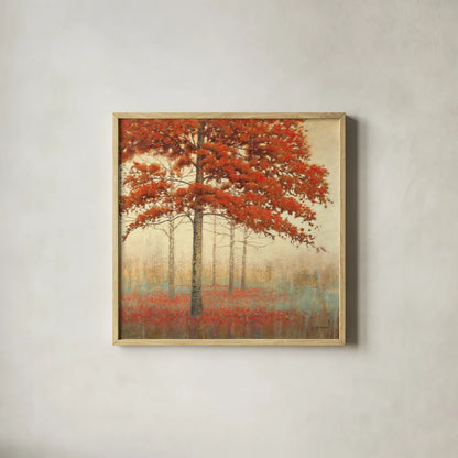 Autumn Trees II by James Wiens. Shown in a natural wood glass frame for a timeless modern aesthetic. Available as an archival giclee rolled canvas, fine art paper, or poster print. SKU 10329a.