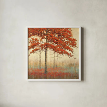 Autumn Trees II by James Wiens. Shown in a crisp white glass frame for a clean and minimalist style. Available as an archival giclee rolled canvas, fine art paper, or poster print. SKU 10329a.