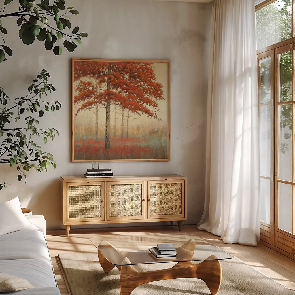 Autumn Trees II by James Wiens. Shown in a natural wood frame in a cozy modern living room. Available as an archival giclee rolled canvas, fine art paper, or poster print. SKU 10329a.