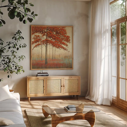 Autumn Trees II by James Wiens. Shown in a natural wood frame in a cozy modern living room. Available as an archival giclee rolled canvas, fine art paper, or poster print. SKU 10329a.