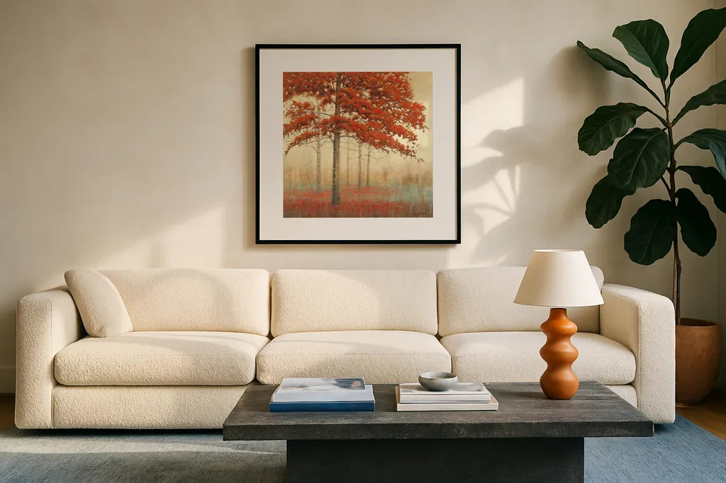 Autumn Trees II by James Wiens. Displayed in a glass frame with matte in a clean modern living room. Available as an archival giclee rolled canvas, fine art paper, or poster print. SKU 10329a.