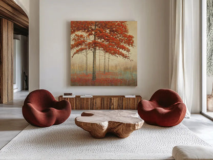 Autumn Trees II by James Wiens. Shown as extra-large giant wall art in a modern living room. Available as an archival giclee rolled canvas, fine art paper, or poster print. SKU 10329a.