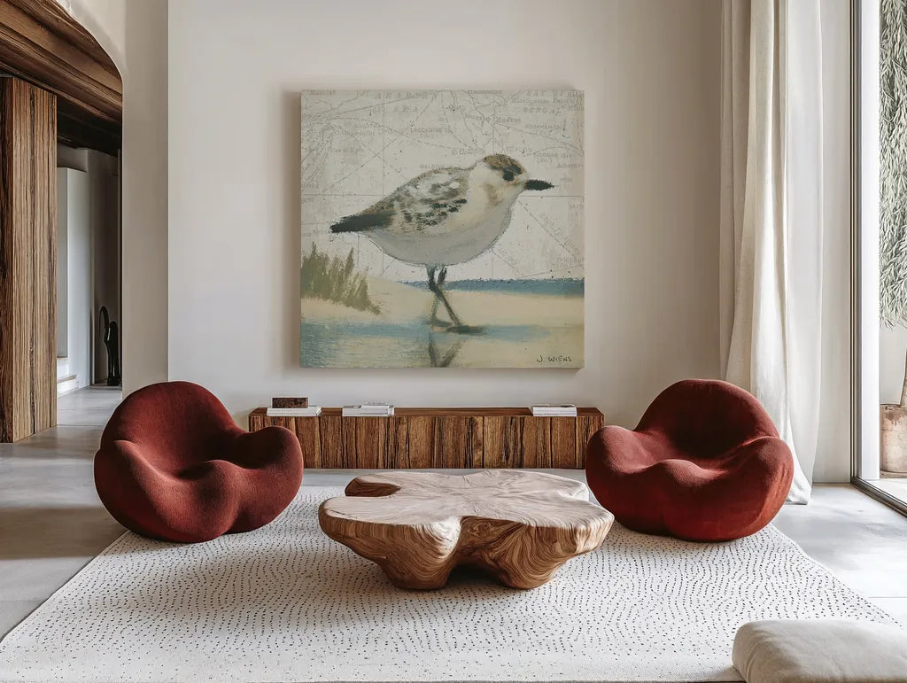 Beach Bird I by James Wiens. Shown as extra-large giant wall art in a modern living room. Available as an archival giclee rolled canvas, fine art paper, or poster print. SKU 13401a.