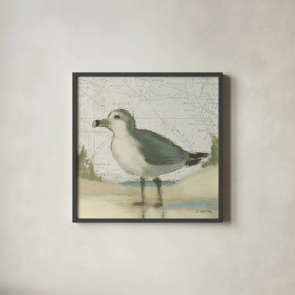 Beach Bird II by James Wiens. Shown in a sleek black glass frame for a contemporary gallery look. Available as an archival giclee rolled canvas, fine art paper, or poster print. SKU 13402a.