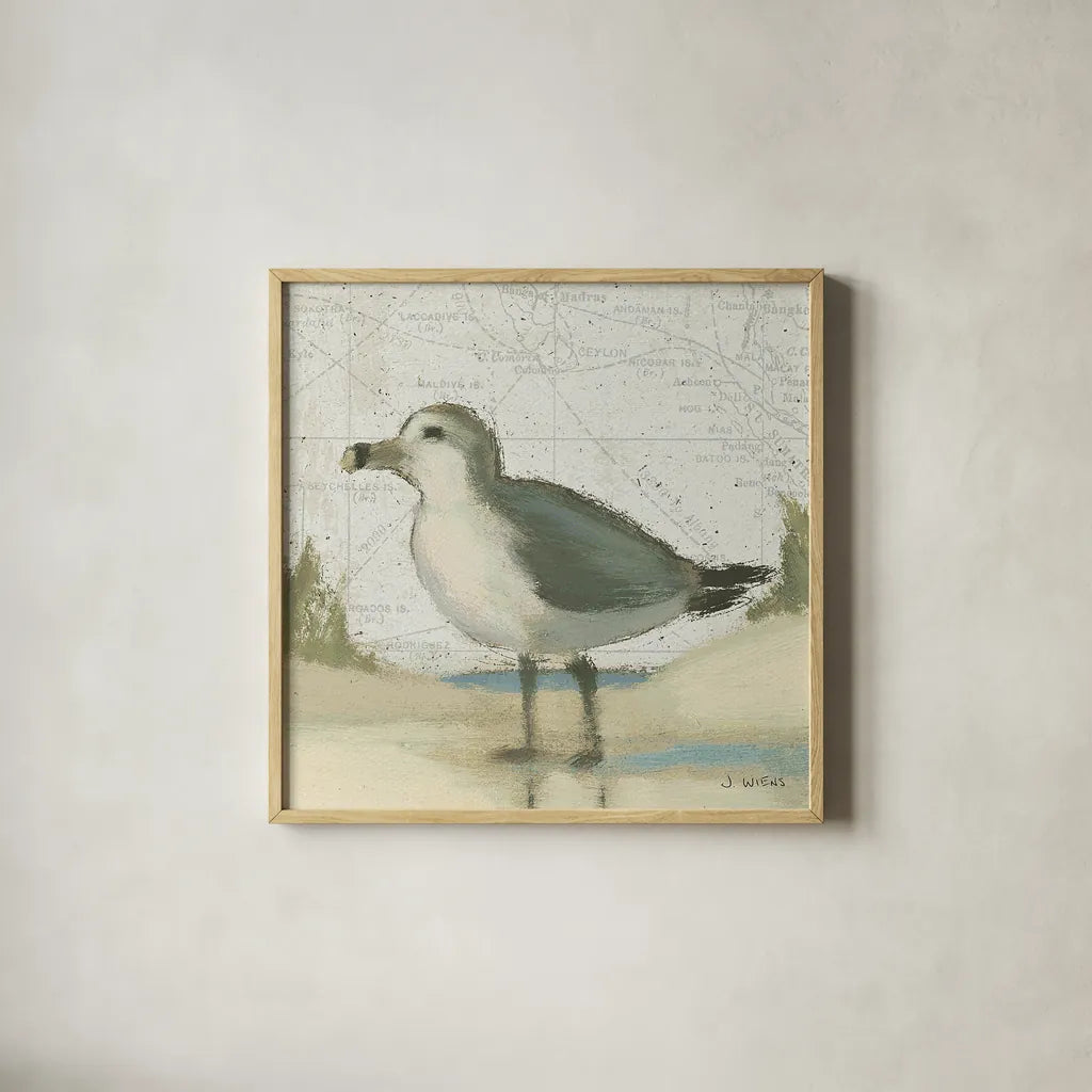 Beach Bird II by James Wiens. Shown in a natural wood glass frame for a timeless modern aesthetic. Available as an archival giclee rolled canvas, fine art paper, or poster print. SKU 13402a.