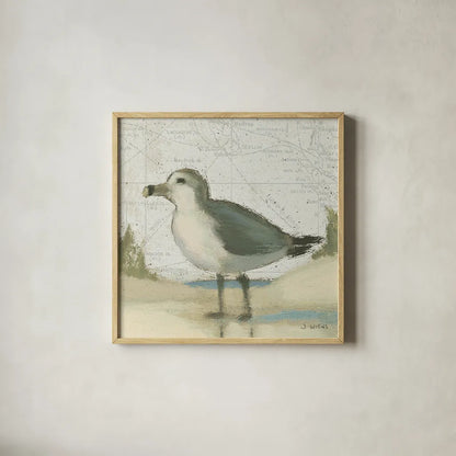 Beach Bird II by James Wiens. Shown in a natural wood glass frame for a timeless modern aesthetic. Available as an archival giclee rolled canvas, fine art paper, or poster print. SKU 13402a.