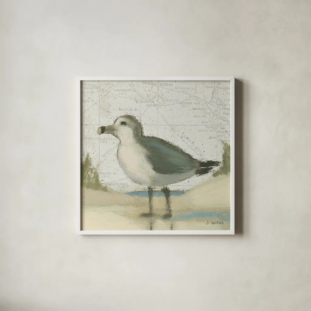 Beach Bird II by James Wiens. Shown in a crisp white glass frame for a clean and minimalist style. Available as an archival giclee rolled canvas, fine art paper, or poster print. SKU 13402a.