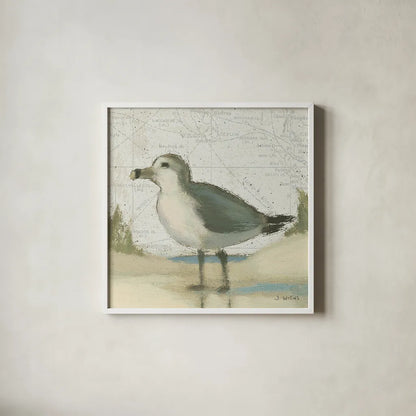 Beach Bird II by James Wiens. Shown in a crisp white glass frame for a clean and minimalist style. Available as an archival giclee rolled canvas, fine art paper, or poster print. SKU 13402a.