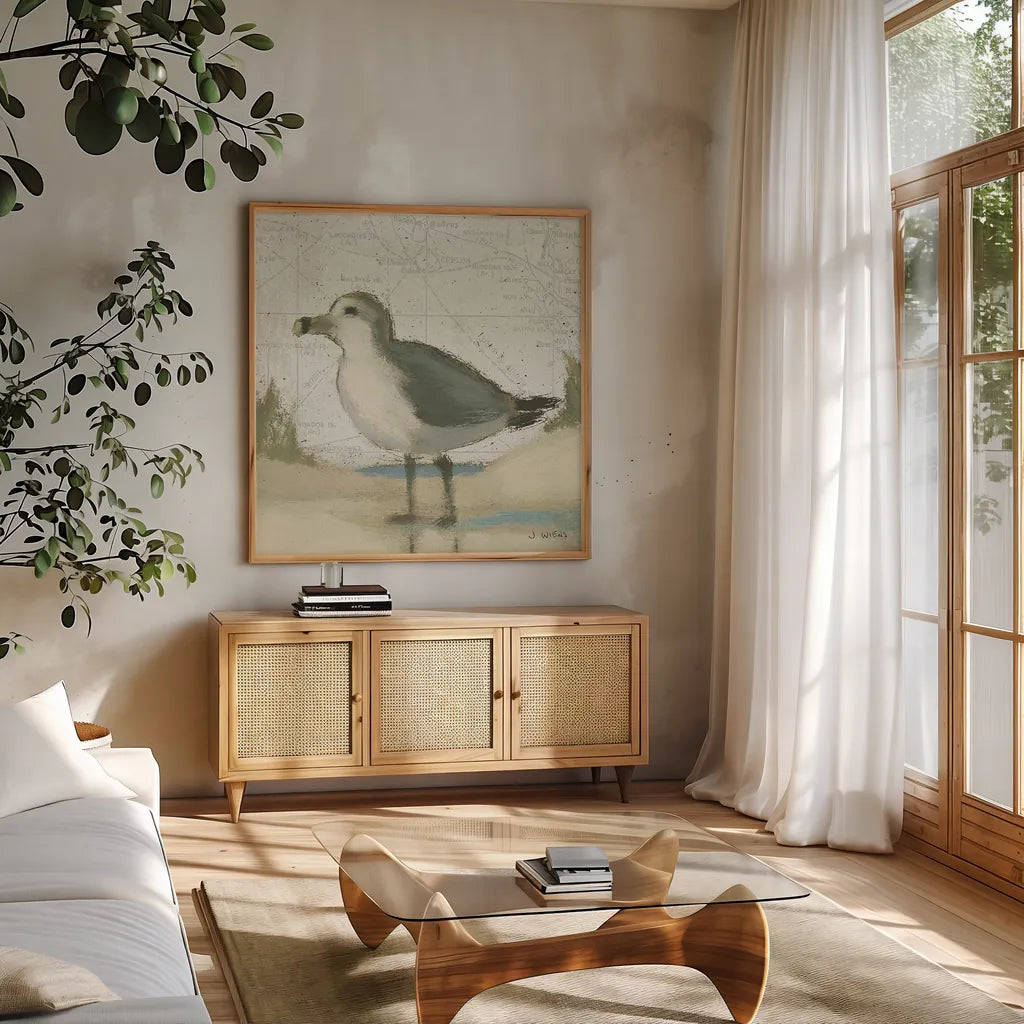 Beach Bird II by James Wiens. Shown in a natural wood frame in a cozy modern living room. Available as an archival giclee rolled canvas, fine art paper, or poster print. SKU 13402a.