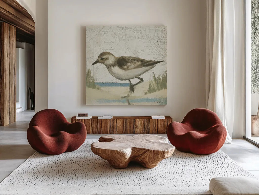 Beach Bird IV by James Wiens. Shown as extra-large giant wall art in a modern living room. Available as an archival giclee rolled canvas, fine art paper, or poster print. SKU 13404a.