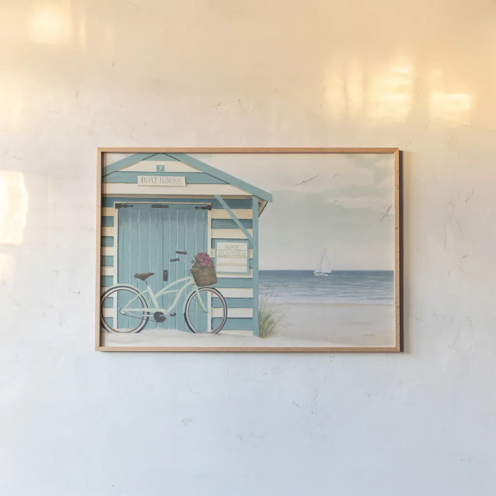 Beach Cruiser I by James Wiens. shown as a paper print in a natural frame. Available as a archival giclee rolled canvas, fine art paper, or poster print. SKU 17416i.