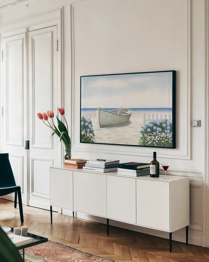 Beach Days I by James Wiens. shown as a framed stretched canvas in a living room above a console. Available as a archival giclee rolled canvas, fine art paper, or poster print. SKU 35904i.