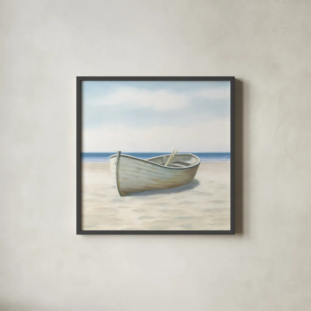 Beach Days I No Fence Flowers Crop by James Wiens. Shown in a sleek black glass frame for a contemporary gallery look. Available as an archival giclee rolled canvas, fine art paper, or poster print. SKU 36320a.