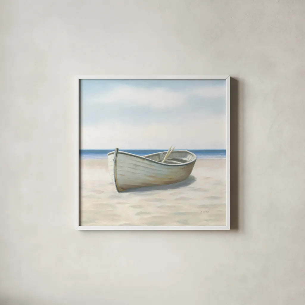 Beach Days I No Fence Flowers Crop by James Wiens. Shown in a crisp white glass frame for a clean and minimalist style. Available as an archival giclee rolled canvas, fine art paper, or poster print. SKU 36320a.