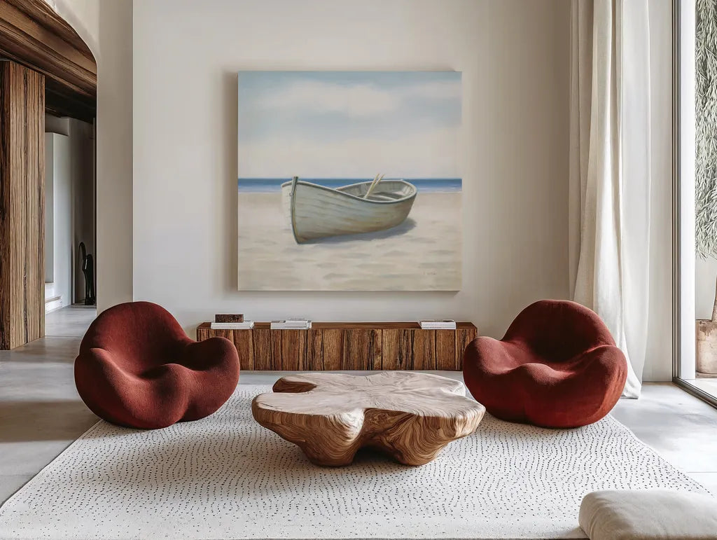 Beach Days I No Fence Flowers Crop by James Wiens. Shown as extra-large giant wall art in a modern living room. Available as an archival giclee rolled canvas, fine art paper, or poster print. SKU 36320a.