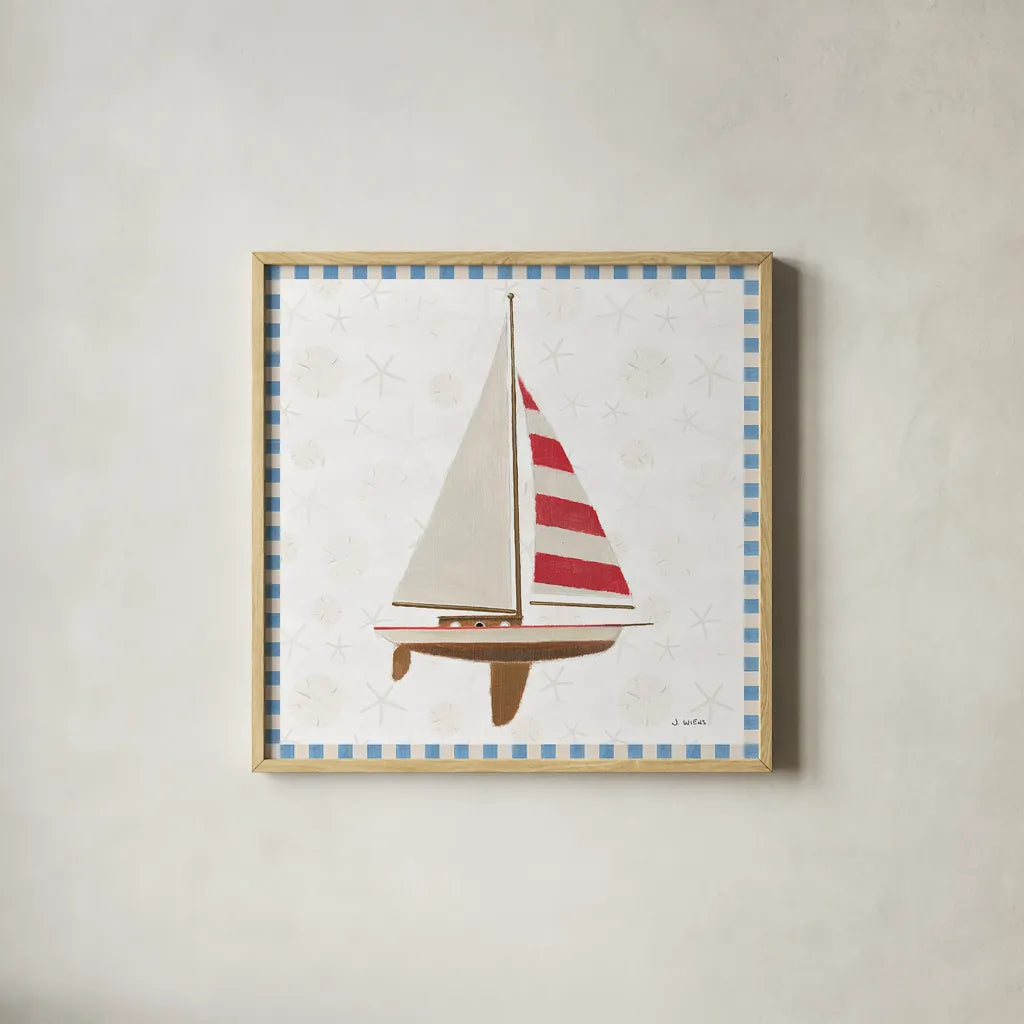 Beach Days IV by James Wiens. Shown in a natural wood glass frame for a timeless modern aesthetic. Available as an archival giclee rolled canvas, fine art paper, or poster print. SKU 35907a.