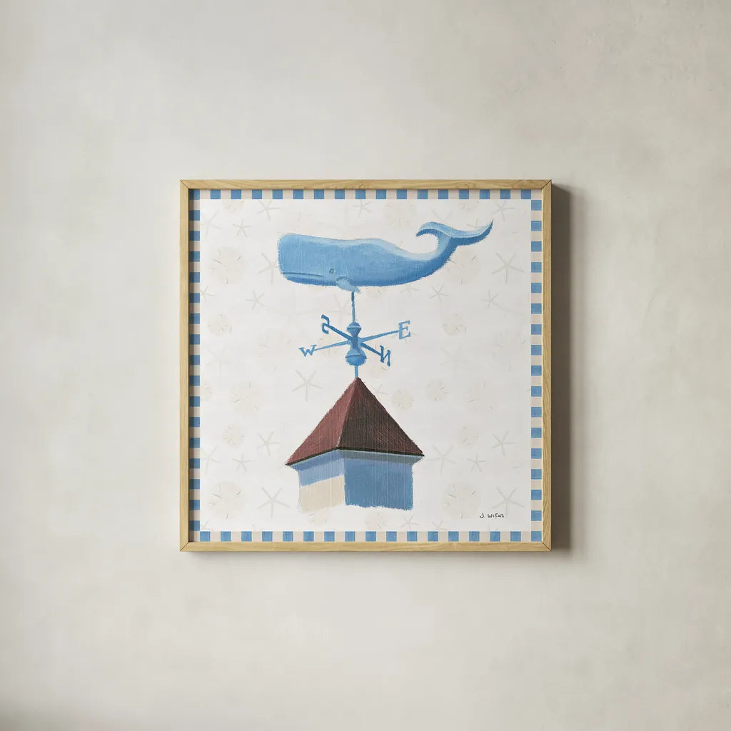 Beach Days V by James Wiens. Shown in a natural wood glass frame for a timeless modern aesthetic. Available as an archival giclee rolled canvas, fine art paper, or poster print. SKU 35908a.