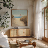 Beach Path Square by James Wiens. Shown in a natural wood frame in a cozy modern living room. Available as an archival giclee rolled canvas, fine art paper, or poster print. SKU 13216a.