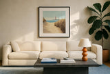 Beach Path Square by James Wiens. Displayed in a glass frame with matte in a clean modern living room. Available as an archival giclee rolled canvas, fine art paper, or poster print. SKU 13216a.