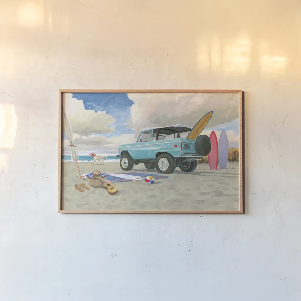 Beach Ride I by James Wiens. shown as a paper print in a natural frame. Available as a archival giclee rolled canvas, fine art paper, or poster print. SKU 73131i.