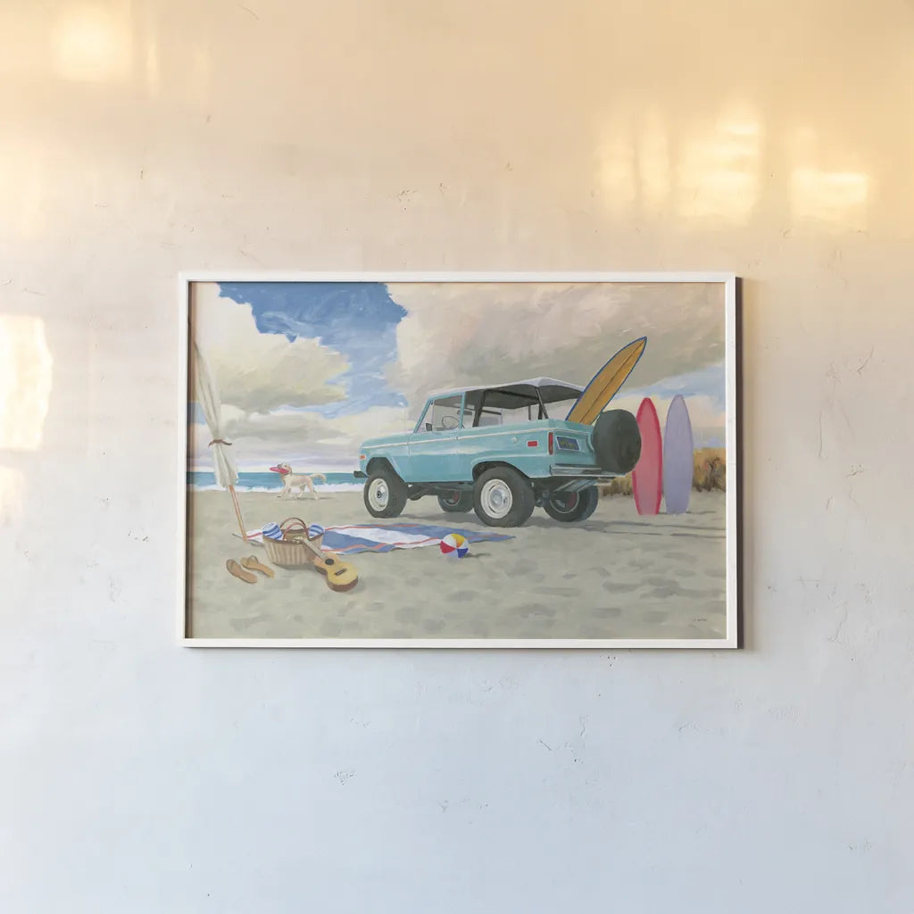 Beach Ride I by James Wiens. shown as a paper print in a white frame. Available as a archival giclee rolled canvas, fine art paper, or poster print. SKU 73131i.