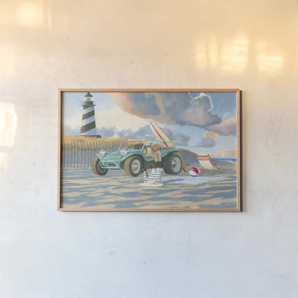 Beach Ride IV by James Wiens. shown as a paper print in a natural frame. Available as a archival giclee rolled canvas, fine art paper, or poster print. SKU 73134i.