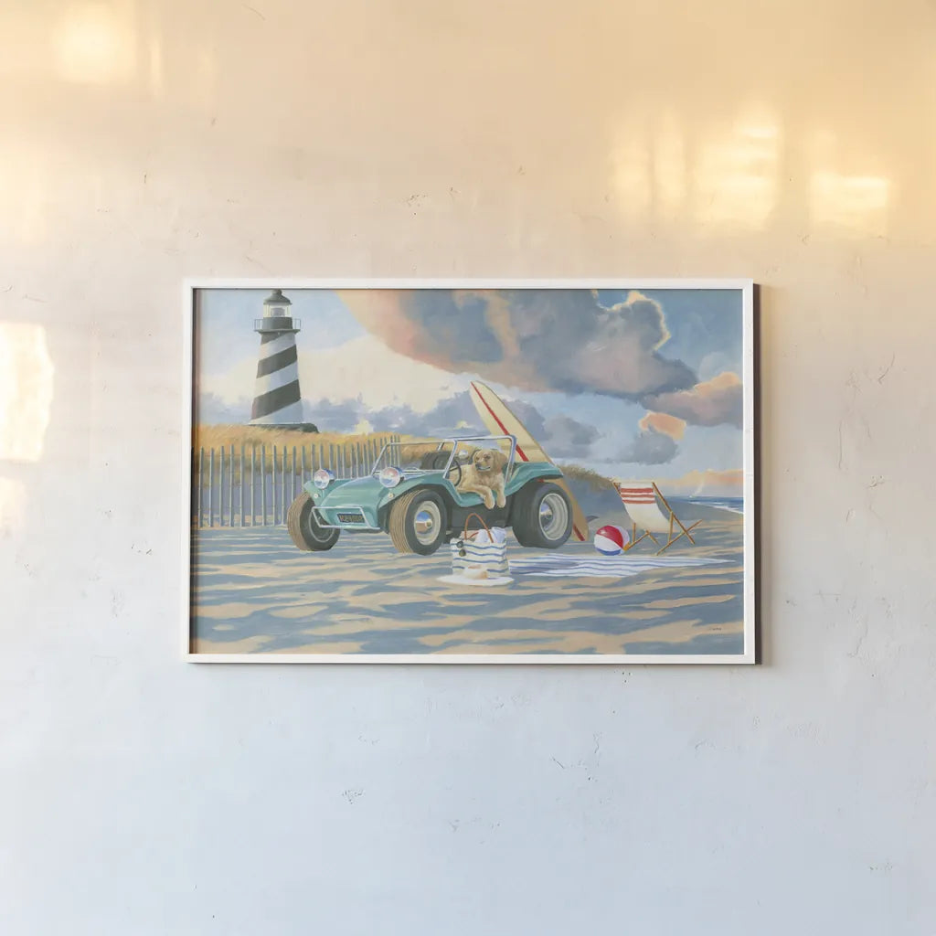 Beach Ride IV by James Wiens. shown as a paper print in a white frame. Available as a archival giclee rolled canvas, fine art paper, or poster print. SKU 73134i.