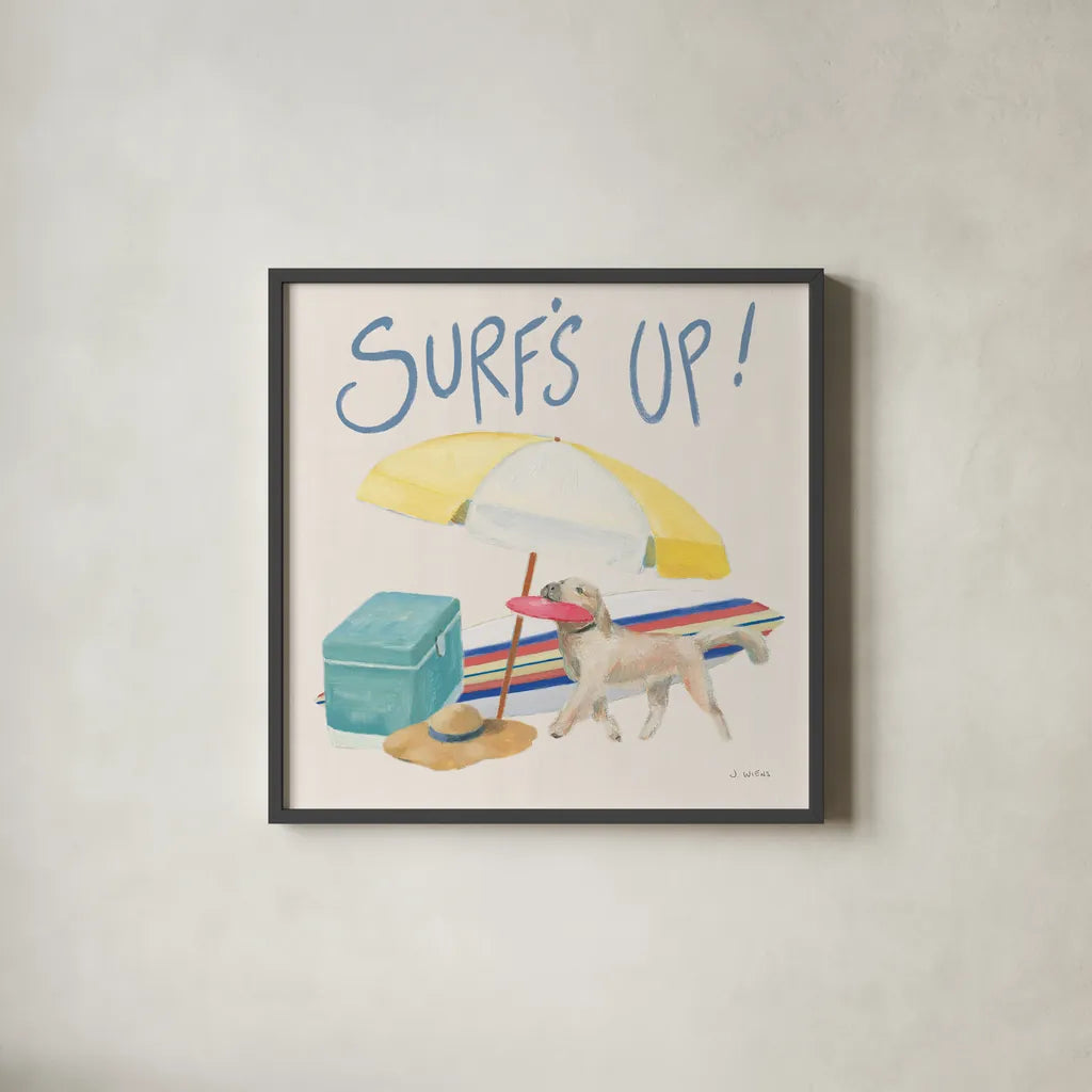 Beach Ride Surfs Up XIV by James Wiens. Shown in a sleek black glass frame for a contemporary gallery look. Available as an archival giclee rolled canvas, fine art paper, or poster print. SKU 82528a.