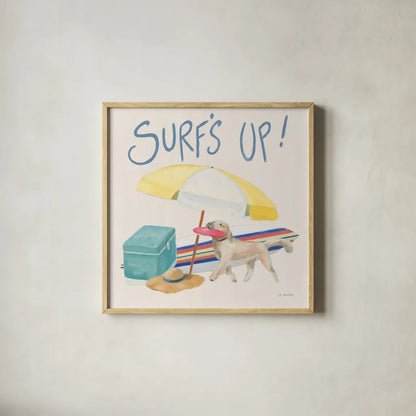 Beach Ride Surfs Up XIV by James Wiens. Shown in a natural wood glass frame for a timeless modern aesthetic. Available as an archival giclee rolled canvas, fine art paper, or poster print. SKU 82528a.