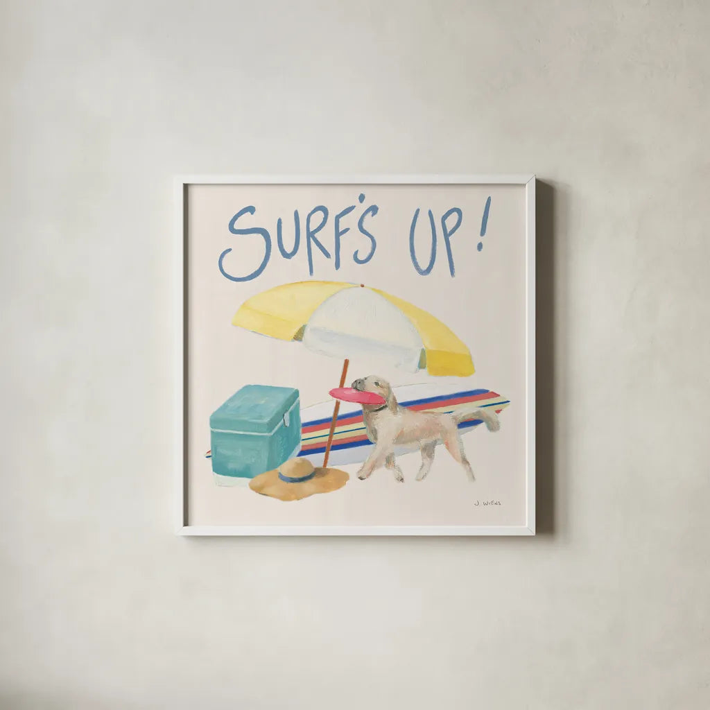 Beach Ride Surfs Up XIV by James Wiens. Shown in a crisp white glass frame for a clean and minimalist style. Available as an archival giclee rolled canvas, fine art paper, or poster print. SKU 82528a.