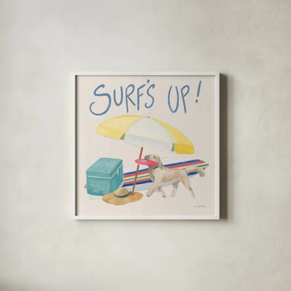 Beach Ride Surfs Up XIV by James Wiens. Shown in a crisp white glass frame for a clean and minimalist style. Available as an archival giclee rolled canvas, fine art paper, or poster print. SKU 82528a.