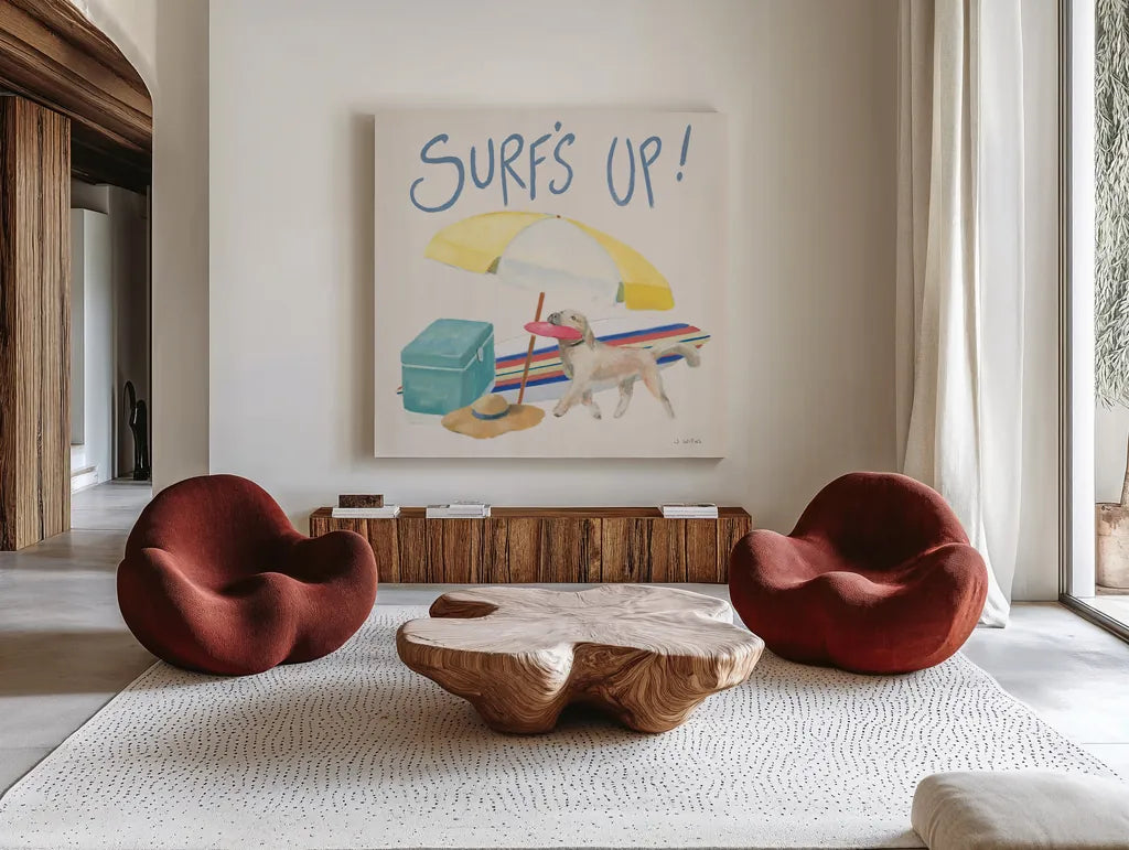 Beach Ride Surfs Up XIV by James Wiens. Shown as extra-large giant wall art in a modern living room. Available as an archival giclee rolled canvas, fine art paper, or poster print. SKU 82528a.
