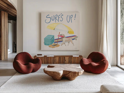 Beach Ride Surfs Up XIV by James Wiens. Shown as extra-large giant wall art in a modern living room. Available as an archival giclee rolled canvas, fine art paper, or poster print. SKU 82528a.