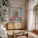 Beach Ride V by James Wiens. Shown in a natural wood frame in a cozy modern living room. Available as an archival giclee rolled canvas, fine art paper, or poster print. SKU 73135a.