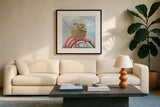 Beach Ride V by James Wiens. Displayed in a glass frame with matte in a clean modern living room. Available as an archival giclee rolled canvas, fine art paper, or poster print. SKU 73135a.