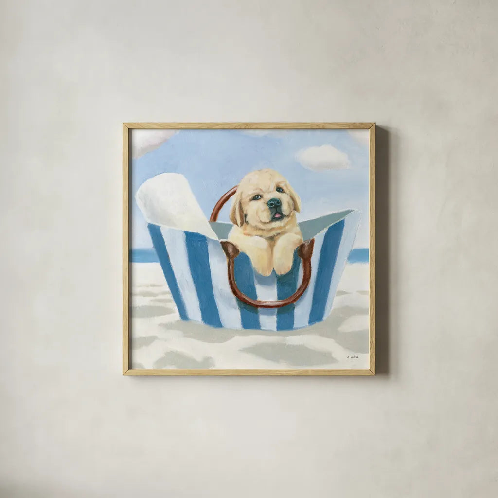 Beach Ride VI by James Wiens. Shown in a natural wood glass frame for a timeless modern aesthetic. Available as an archival giclee rolled canvas, fine art paper, or poster print. SKU 73136a.