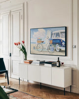 Beach Time I by James Wiens. shown as a framed stretched canvas in a living room above a console. Available as a archival giclee rolled canvas, fine art paper, or poster print. SKU 51689i.