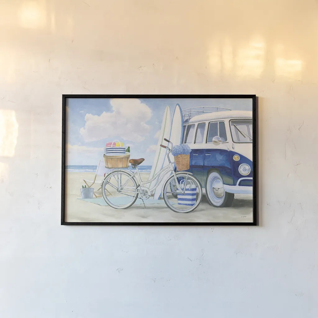 Beach Time I by James Wiens. shown as a paper print in a black flame. Available as a archival giclee rolled canvas, fine art paper, or poster print. SKU 51689i.