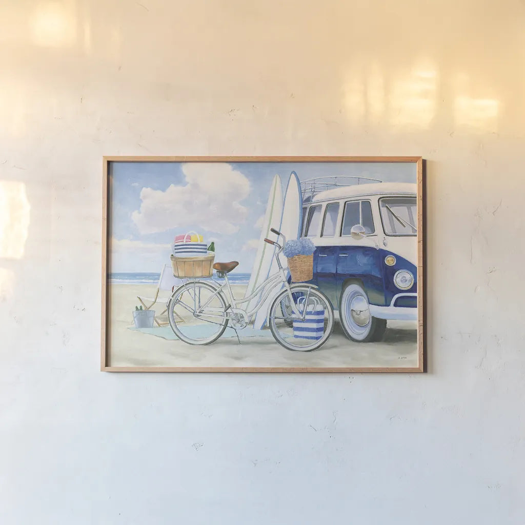 Beach Time I by James Wiens. shown as a paper print in a natural frame. Available as a archival giclee rolled canvas, fine art paper, or poster print. SKU 51689i.